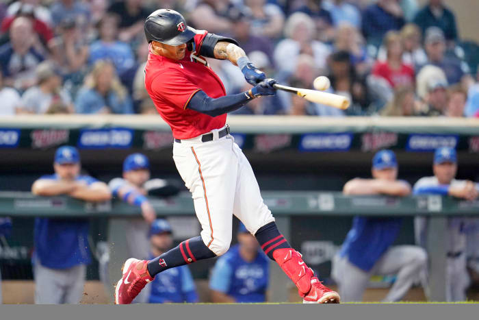 Former Twins Carlos Correa hits an RBI double during the third inning of a baseball game against the Royals on Tuesday, Sept. 13, 2022, in Minneapolis.